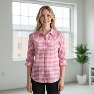 Crown & Ivy Women's Pink and White Gingham Button-Down Shirt